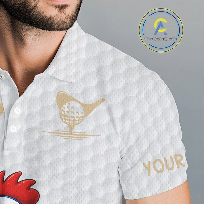 Men's model wearing Funny Rooster Golf Polo Shirt, rooster mascot golf apparel, custom golf team clothing, country golf fashion, personalized golf outfit.
