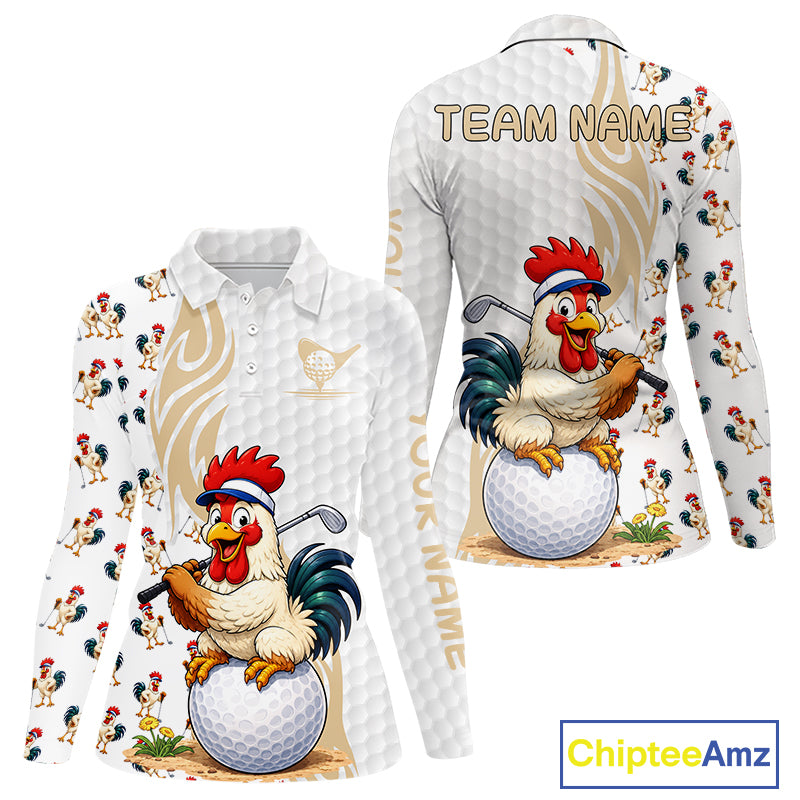 Funny Rooster Women's Golf Polo Shirt mockup featuring rooster mascot design, personalized women's golf polo, farmhouse golf apparel, custom golf team clothing, funny golf outfit, breathable performance golf shirt, golf lover gift.