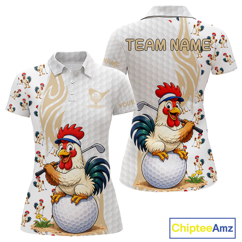 Funny Rooster Women's Golf Polo Shirt mockup featuring rooster mascot design, personalized women's golf polo, farmhouse golf apparel, custom golf team clothing, funny golf outfit, breathable performance golf shirt, golf lover gift.