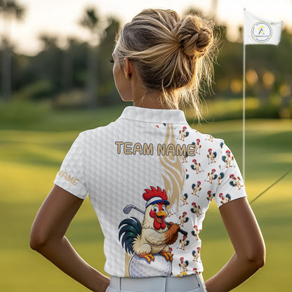 Women's model wearing Funny Rooster Golf Polo Shirt, oversized rooster golf apparel, farm animal golf fashion, matching golf couple outfit, personalized golf clothing.