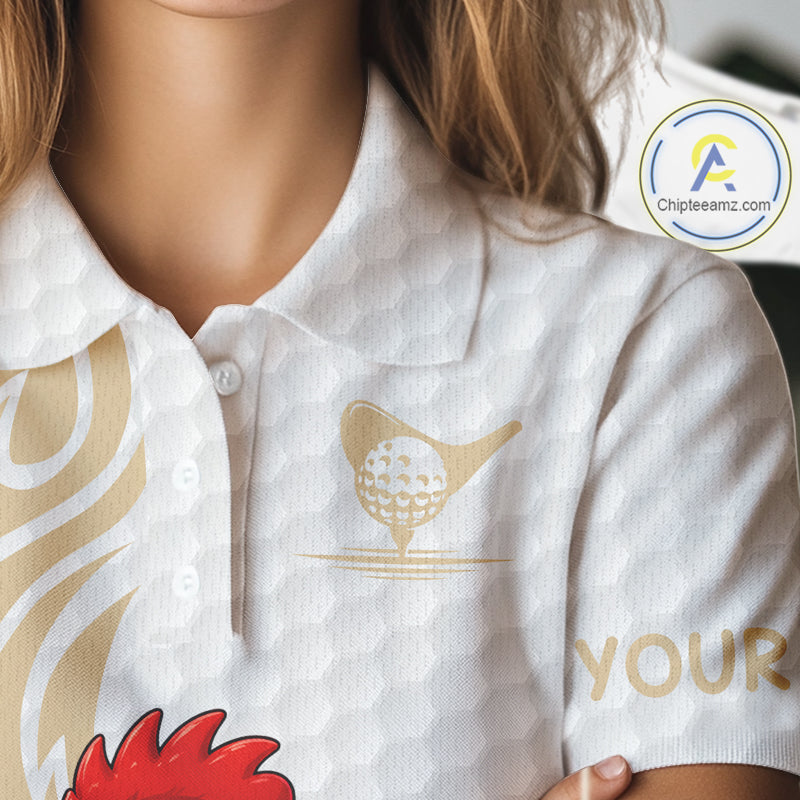 Women's model wearing Funny Rooster Golf Polo Shirt, oversized rooster golf apparel, farm animal golf fashion, matching golf couple outfit, personalized golf clothing.
