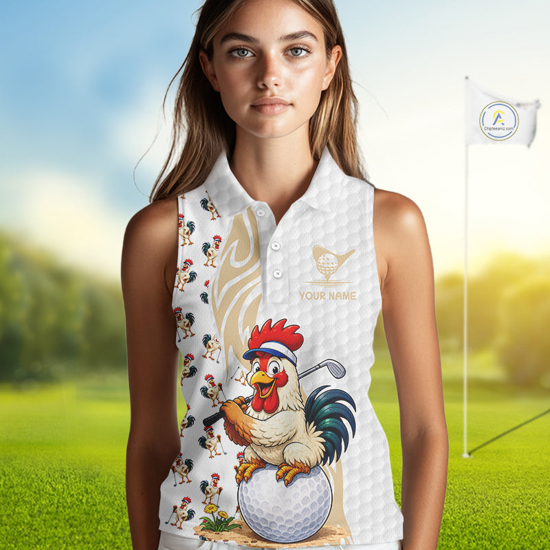 Women's model wearing Funny Rooster Golf Polo Shirt, oversized rooster golf apparel, farm animal golf fashion, matching golf couple outfit, personalized golf clothing.