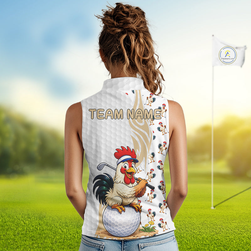 Women's model wearing Funny Rooster Golf Polo Shirt, oversized rooster golf apparel, farm animal golf fashion, matching golf couple outfit, personalized golf clothing.