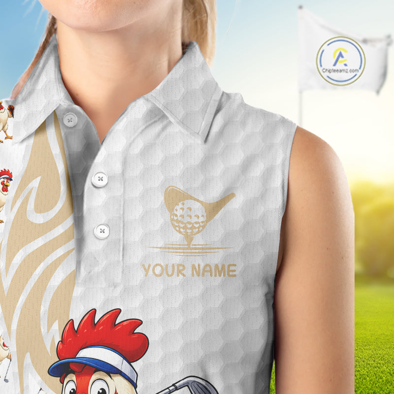 Women's model wearing Funny Rooster Golf Polo Shirt, oversized rooster golf apparel, farm animal golf fashion, matching golf couple outfit, personalized golf clothing.