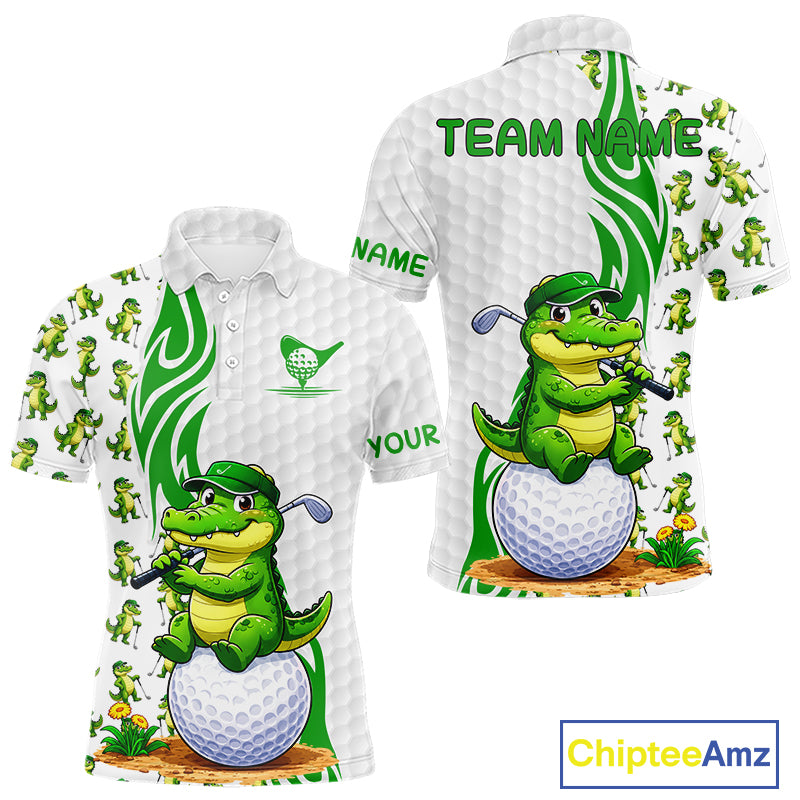 Funny Alligator Men's Golf Polo Shirt mockup with alligator pattern, personalized golf apparel, custom golf team polo, moisture-wicking performance shirt, wildlife golf fashion, golf tournament clothing.