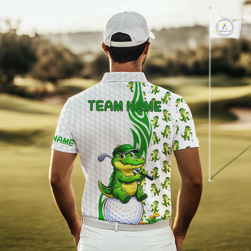 Men's model wearing Funny Alligator Golf Polo Shirt, wildlife golf apparel, custom golf team clothing, Florida golf fashion, personalized golf outfit.