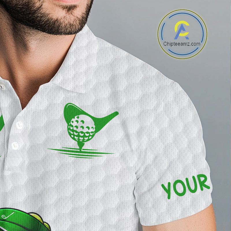 Men's model wearing Funny Alligator Golf Polo Shirt, wildlife golf apparel, custom golf team clothing, Florida golf fashion, personalized golf outfit.