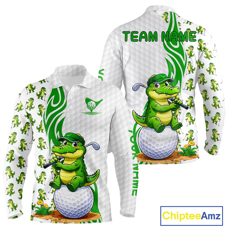 Funny Alligator Men's Golf Polo Shirt mockup with alligator pattern, personalized golf apparel, custom golf team polo, moisture-wicking performance shirt, wildlife golf fashion, golf tournament clothing.