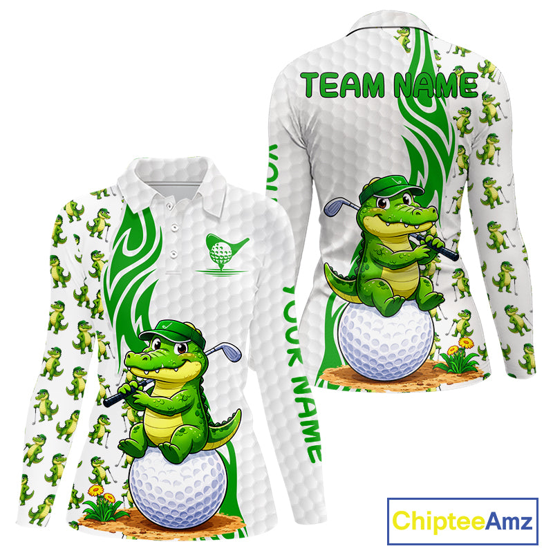Funny Alligator Women's Golf Polo Shirt mockup featuring alligator mascot, personalized women's golf apparel, wildlife golf clothing, custom golf team polo, Florida golf fashion, performance golf tournament shirt.