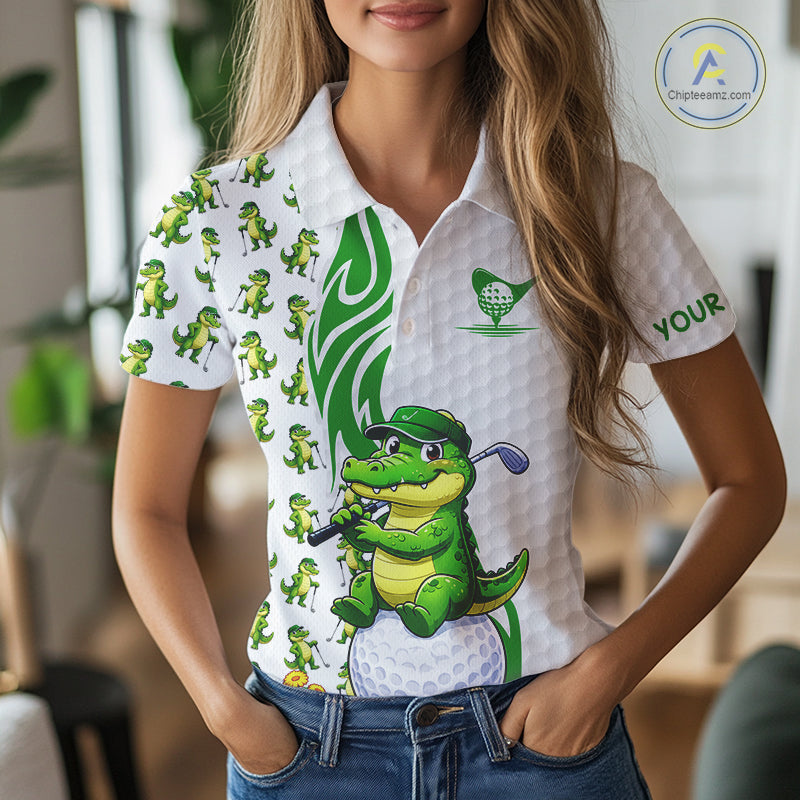 Women's model wearing Funny Alligator Golf Polo Shirt, trendy animal golf apparel, oversized golf fashion, personalized golf clothing, matching golf couple outfit.
