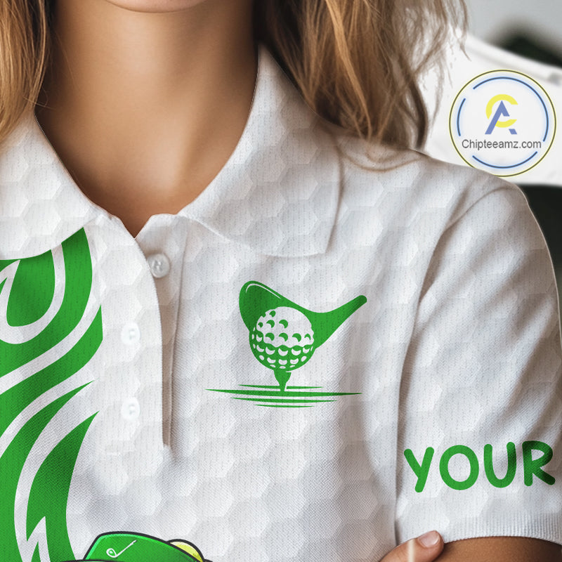 Women's model wearing Funny Alligator Golf Polo Shirt, trendy animal golf apparel, oversized golf fashion, personalized golf clothing, matching golf couple outfit.