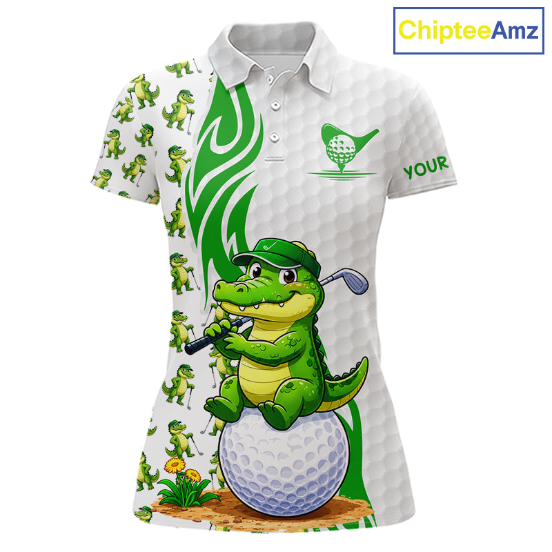 Funny Alligator Women's Golf Polo Shirt mockup featuring alligator mascot, personalized women's golf apparel, wildlife golf clothing, custom golf team polo, Florida golf fashion, performance golf tournament shirt.