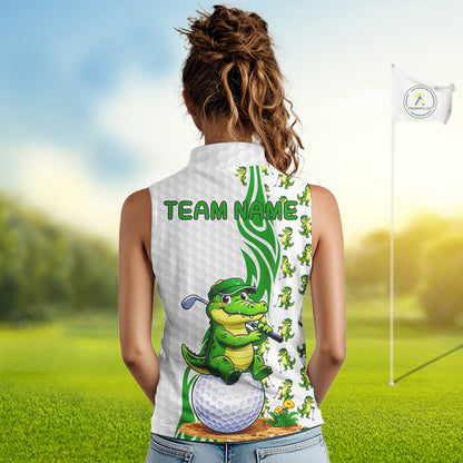 Women's model wearing Funny Alligator Golf Polo Shirt, trendy animal golf apparel, oversized golf fashion, personalized golf clothing, matching golf couple outfit.