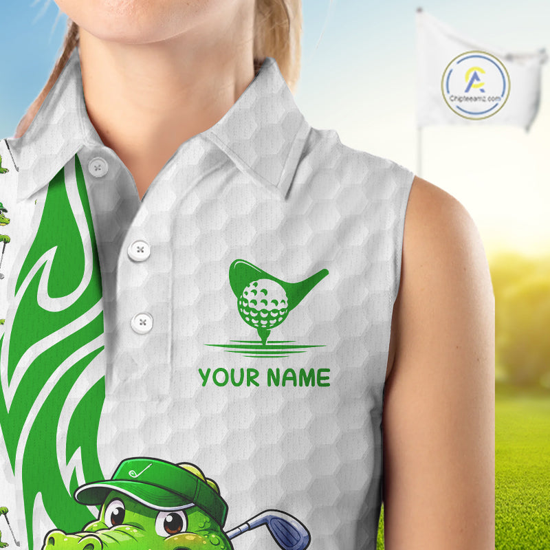 Women's model wearing Funny Alligator Golf Polo Shirt, trendy animal golf apparel, oversized golf fashion, personalized golf clothing, matching golf couple outfit.