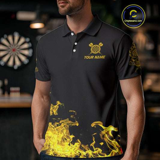 Custom Yellow Flames Skull Dart Arrow Dart Men Polo Jerseys Flame Dart Team Shirt NYN1709