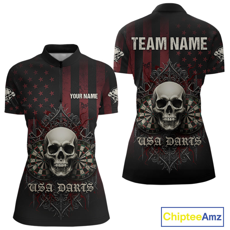Custom Red Gothic Skulls Dartboard Patriotic Men Darts Polo Shirt US Flag Darts Jersey NYN1974