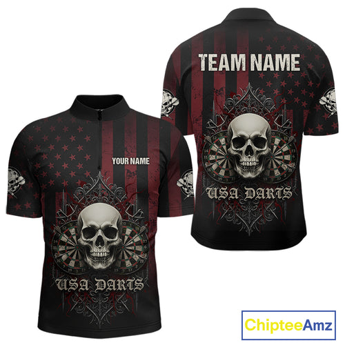 Custom Red Gothic Skulls Dartboard Patriotic Men Darts Polo Shirt US Flag Darts Jersey NYN1974