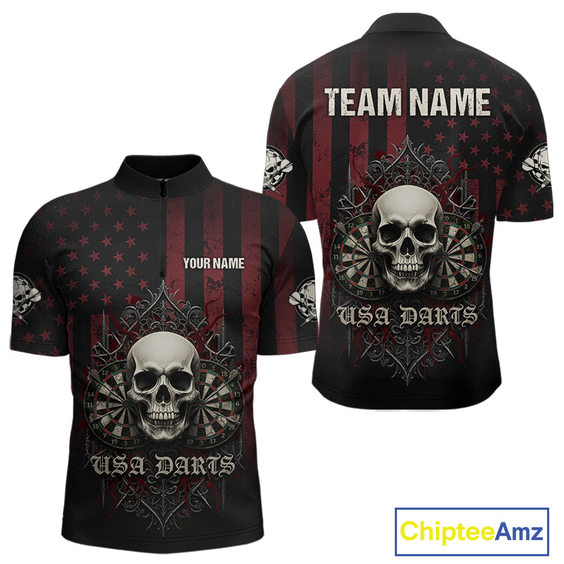 Custom Red Gothic Skulls Dartboard Patriotic Men Darts Polo Shirt US Flag Darts Jersey NYN1974