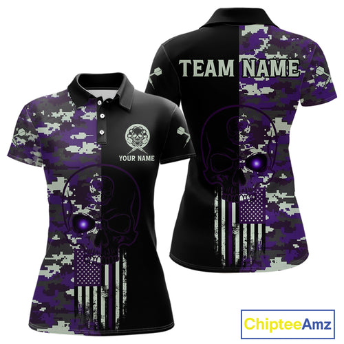 Black And Purple US Flag Digital Camo Skull Custom Men Darts Polo Shirt Dart Gifts NYN1984