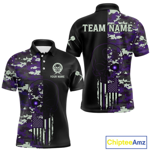 Black And Purple US Flag Digital Camo Skull Custom Men Darts Polo Shirt Dart Gifts NYN1984