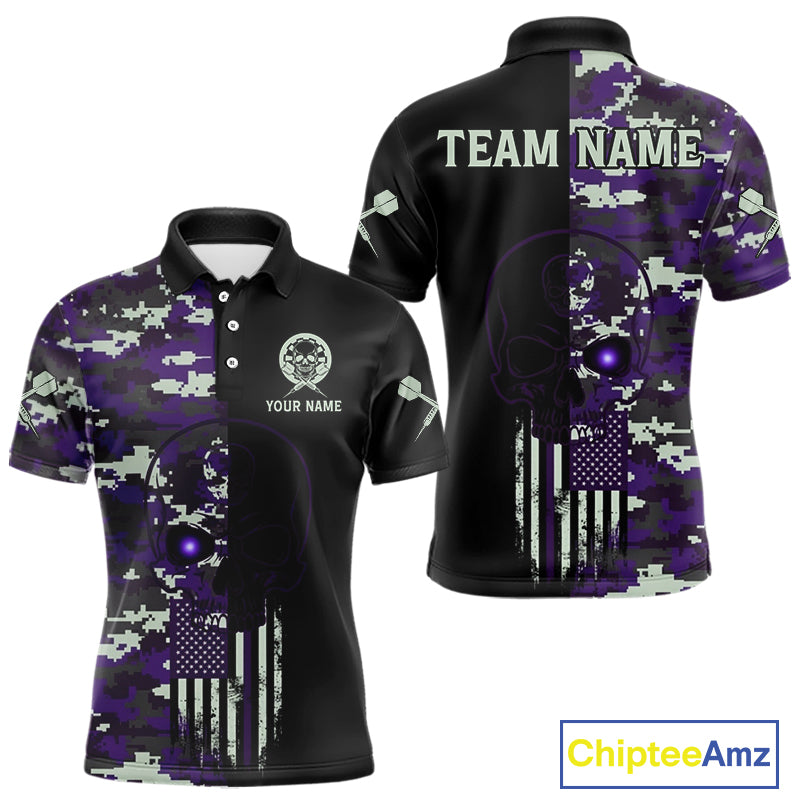 Black And Purple US Flag Digital Camo Skull Custom Men Darts Polo Shirt Dart Gifts NYN1984