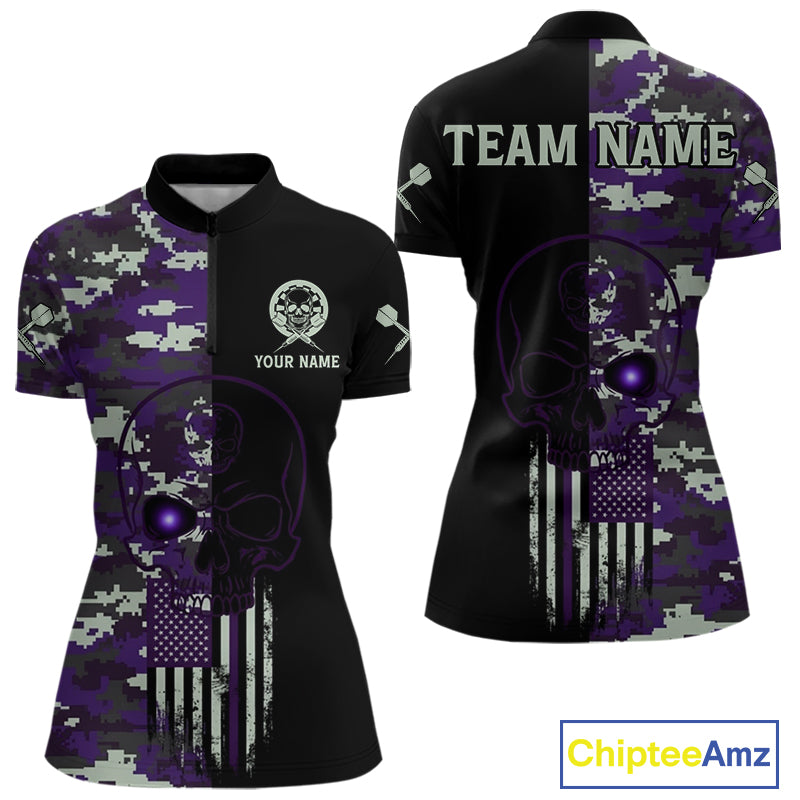 Black And Purple US Flag Digital Camo Skull Custom Men Darts Polo Shirt Dart Gifts NYN1984