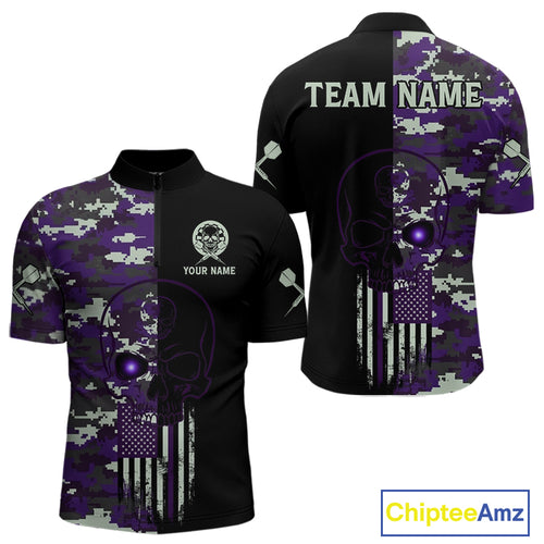 Black And Purple US Flag Digital Camo Skull Custom Men Darts Polo Shirt Dart Gifts NYN1984