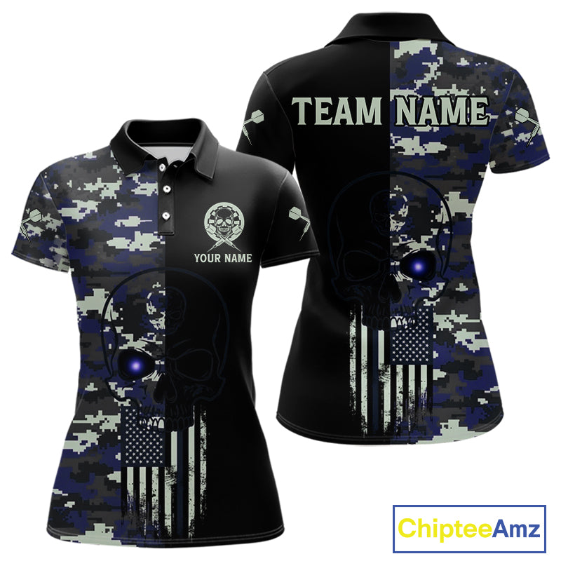Black And Blue US Flag Digital Camo Skull Custom Men Darts Polo Shirt Dart Gifts NYN1985
