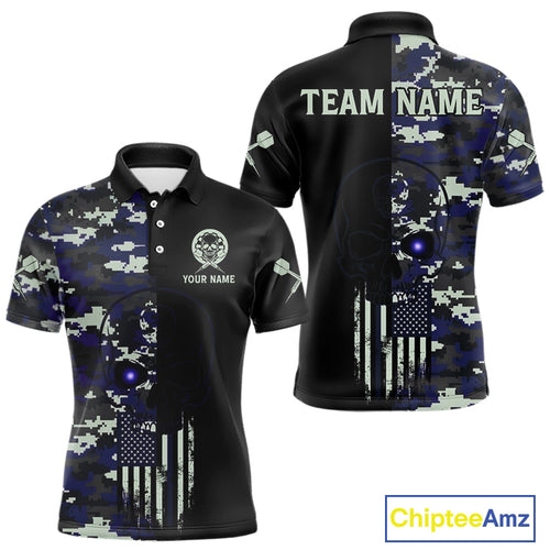 Black And Blue US Flag Digital Camo Skull Custom Men Darts Polo Shirt Dart Gifts NYN1985