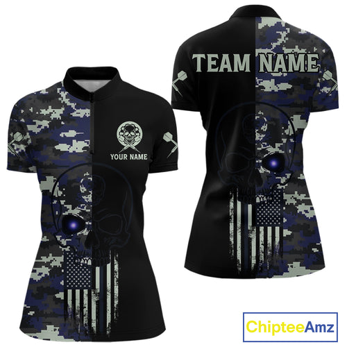 Black And Blue US Flag Digital Camo Skull Custom Men Darts Polo Shirt Dart Gifts NYN1985