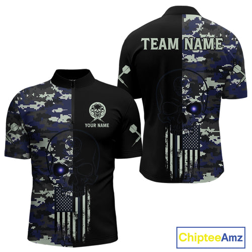 Black And Blue US Flag Digital Camo Skull Custom Men Darts Polo Shirt Dart Gifts NYN1985