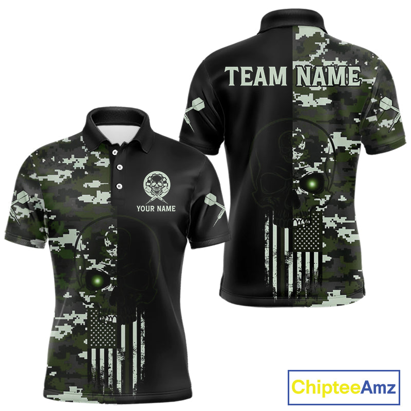Black Green Military US Flag Digital Camo Skull Custom Men Darts Polo Shirt Dart Gifts NYN1986