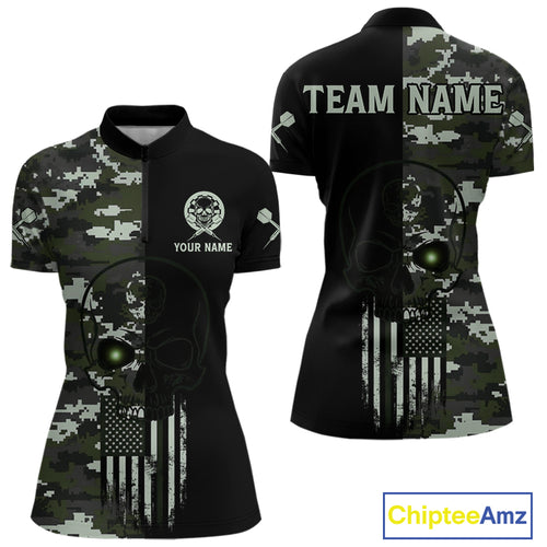 Black Green Military US Flag Digital Camo Skull Custom Men Darts Polo Shirt Dart Gifts NYN1986