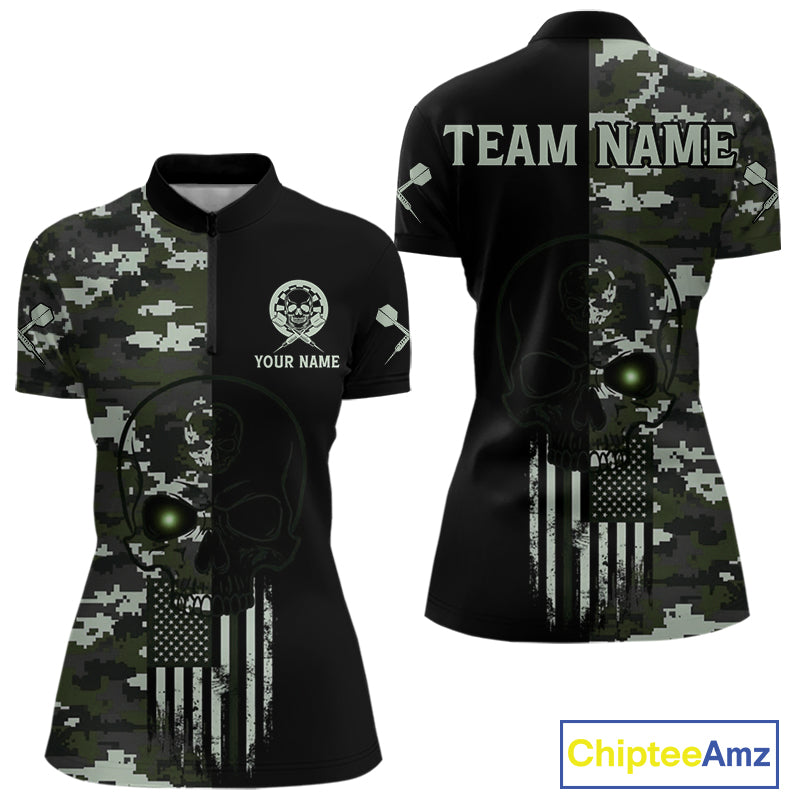 Black Green Military US Flag Digital Camo Skull Custom Men Darts Polo Shirt Dart Gifts NYN1986