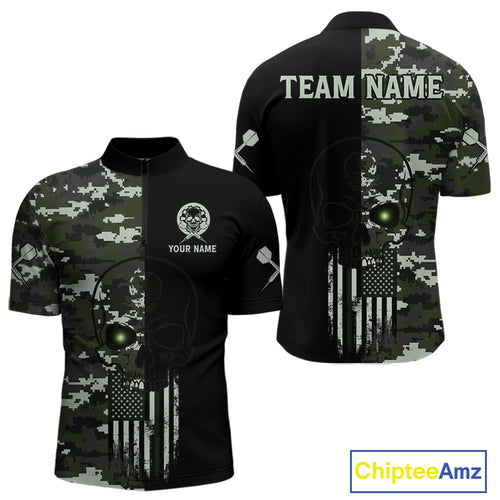 Black Green Military US Flag Digital Camo Skull Custom Men Darts Polo Shirt Dart Gifts NYN1986