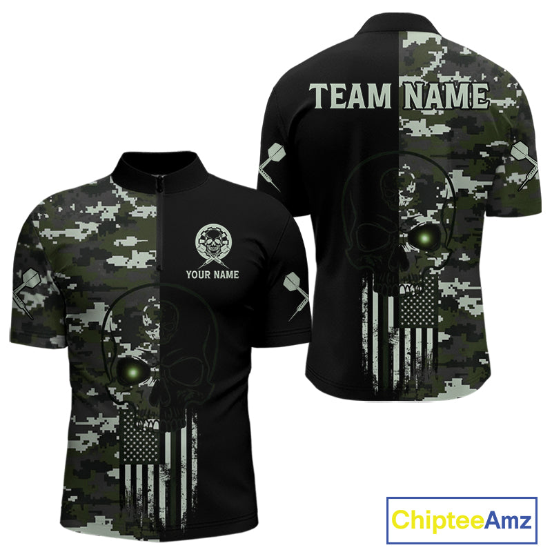 Black Green Military US Flag Digital Camo Skull Custom Men Darts Polo Shirt Dart Gifts NYN1986