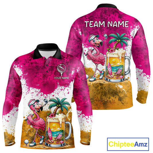 Yellow - Pink Grunge Mens Golf Polo Shirt Custom Flamingo Summer Tropical Golf Team Clothing NYN3263