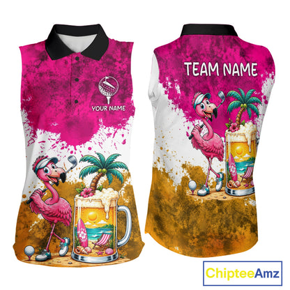 Yellow - Pink Grunge Womens Golf Sleeveless Polo Shirt Custom Flamingo Summer Tropical Golf Team Clothing NYN3263
