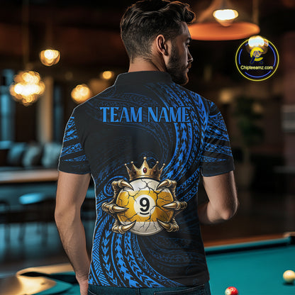 Male pool player wearing Blue Tribal Skull Crown billiard jersey during tournament and league competition