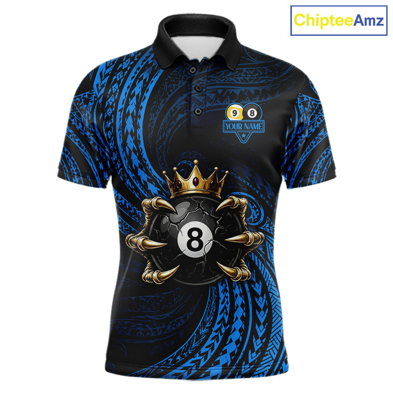 Blue Tribal Skull Crown men's billiard polo shirt custom 8 ball 9 ball pool jersey, personalized billiards team apparel