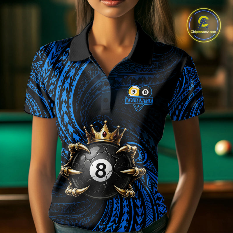 Female pool player wearing Blue Tribal Skull Crown billiard jersey during tournament and league competition