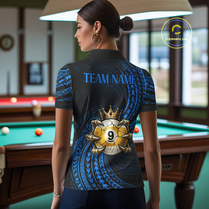Female pool player wearing Blue Tribal Skull Crown billiard jersey during tournament and league competition