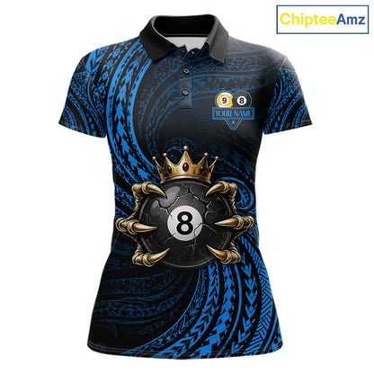 Blue Tribal Skull Crown women's billiard polo shirt custom 8 ball 9 ball pool jersey, personalized billiards team apparel