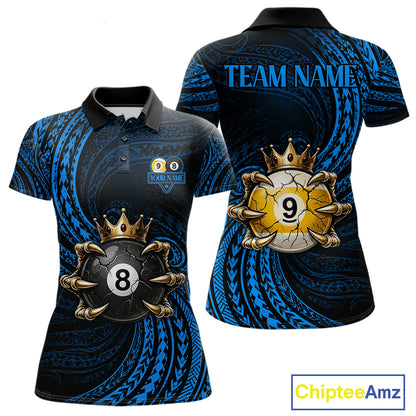 Blue Tribal Skull Crown women's billiard polo shirt custom 8 ball 9 ball pool jersey, personalized billiards team apparel