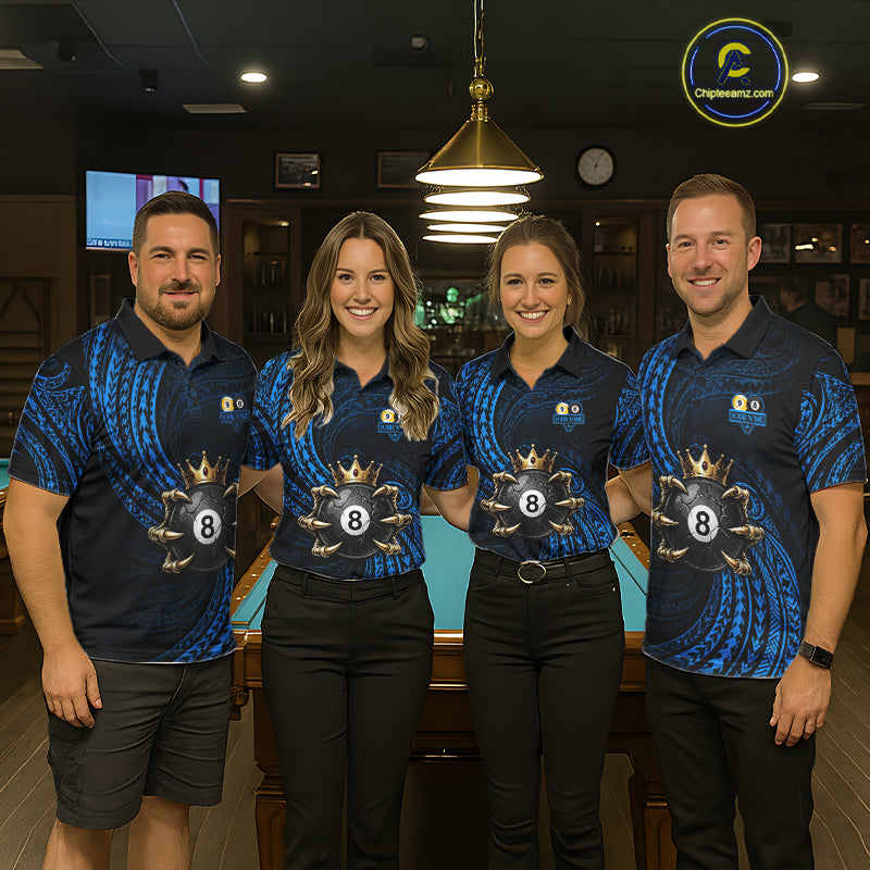 Men women billiard team wearing Blue Tribal Skull Crown custom pool uniforms, personalized 8 ball 9 ball jerseys