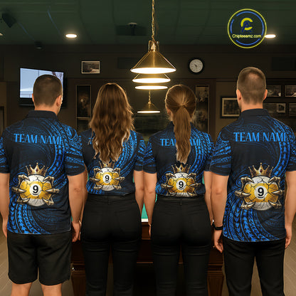 Blue Tribal Pattern Mens Billiard Shirts Custom Skull Crown 8 Ball & 9 Ball Billiard Team Jersey NYN3541