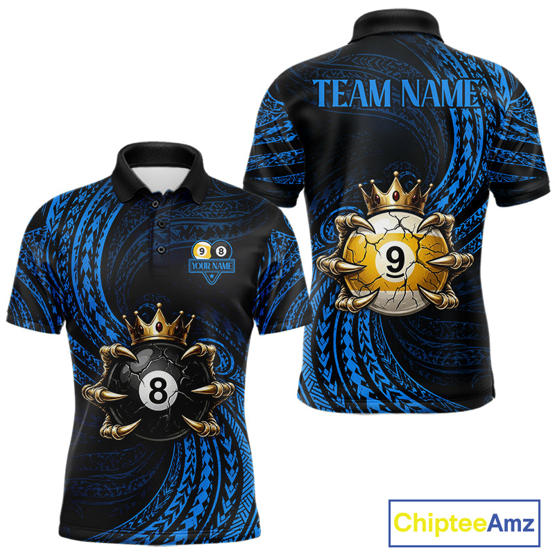 Blue Tribal Skull Crown men's billiard polo shirt custom 8 ball 9 ball pool jersey, personalized billiards team apparel