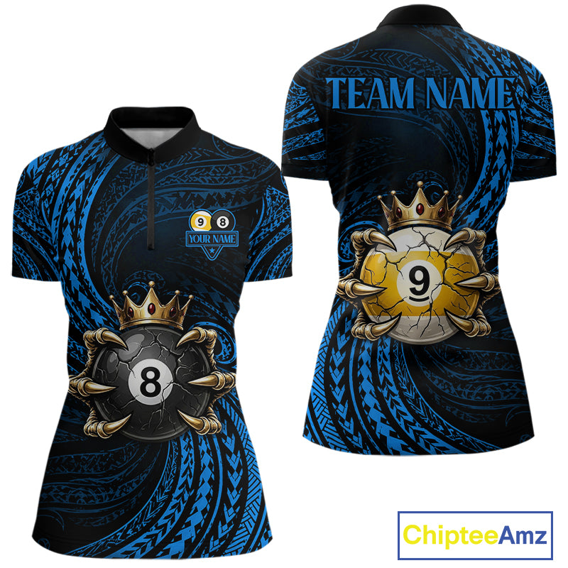 Blue Tribal Skull Crown women's quarter zip billiard shirt custom 8 ball 9 ball team jersey, professional cue sports uniform
