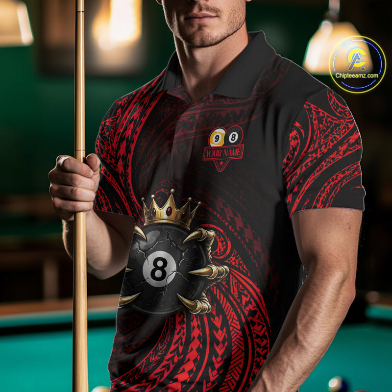 Male billiards player wearing Red Tribal Skull Crown pool jersey during professional billiard competition