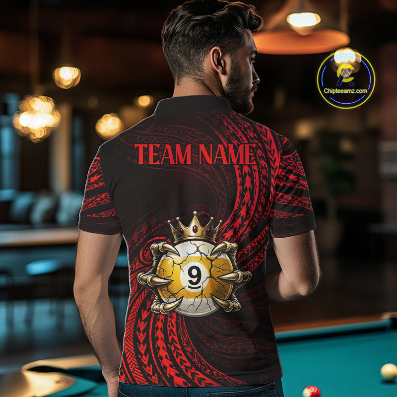 Male billiards player wearing Red Tribal Skull Crown pool jersey during professional billiard competition